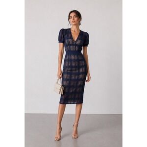 NWT FEHAUTE Blue Plaid Organza Overlay Cocktail Midi Dress US 6